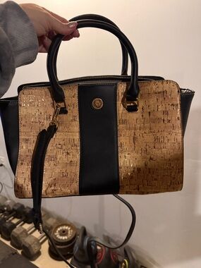 Anne Klein Black and Gold Cork-Accent Satchel